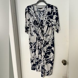 XL Navy blue and white floral faux wrap knee length dress